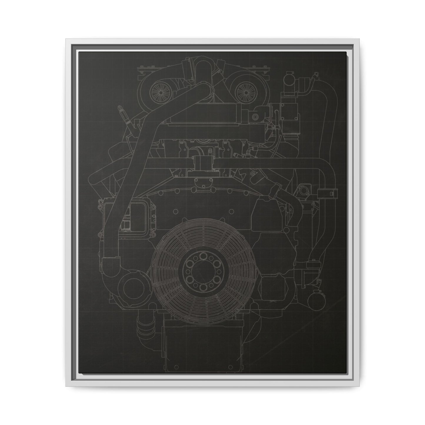 Machine Schematic Engine Drawing Front View Framed Wall Art on Stretched Canvas
