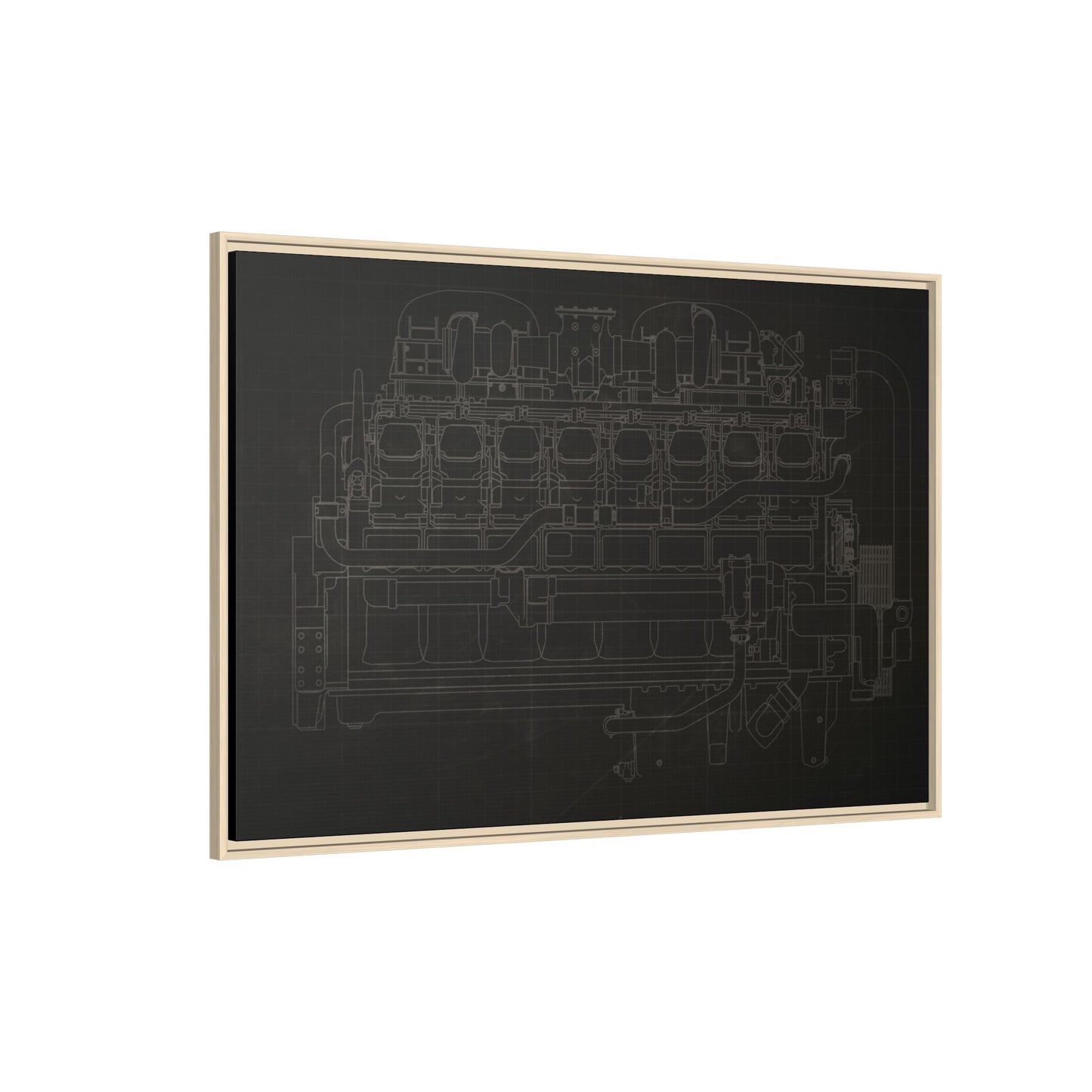 Engine Side View Schematic Drawing Framed Wall Art on Matte Canvas