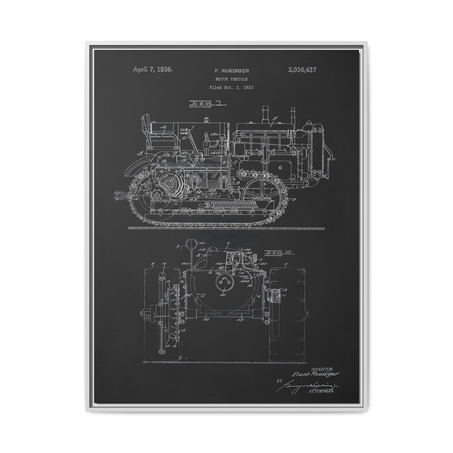 Vintage Dozer Rudiger Patent Drawing, Framed Wall Art on Canvas