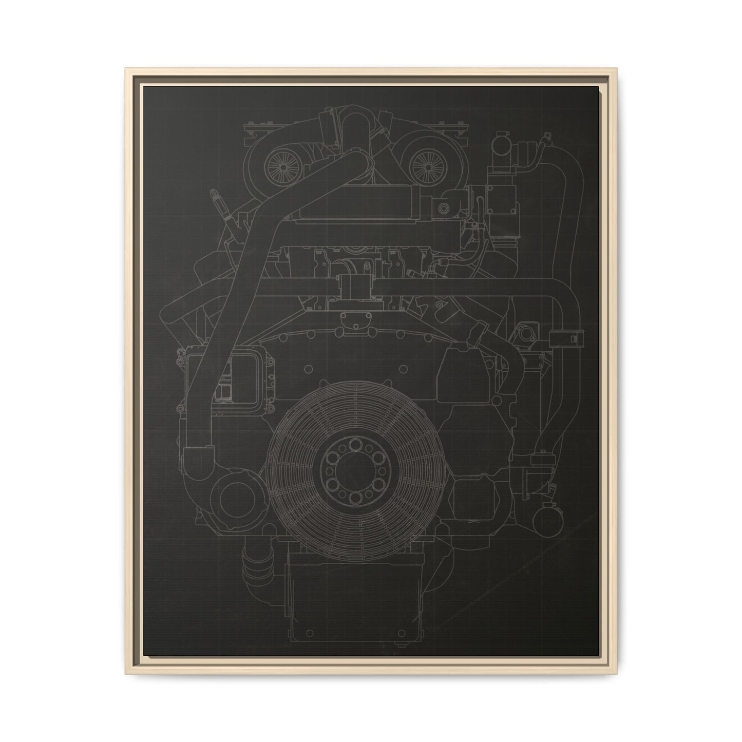 Machine Schematic Engine Drawing Front View Framed Wall Art on Stretched Canvas