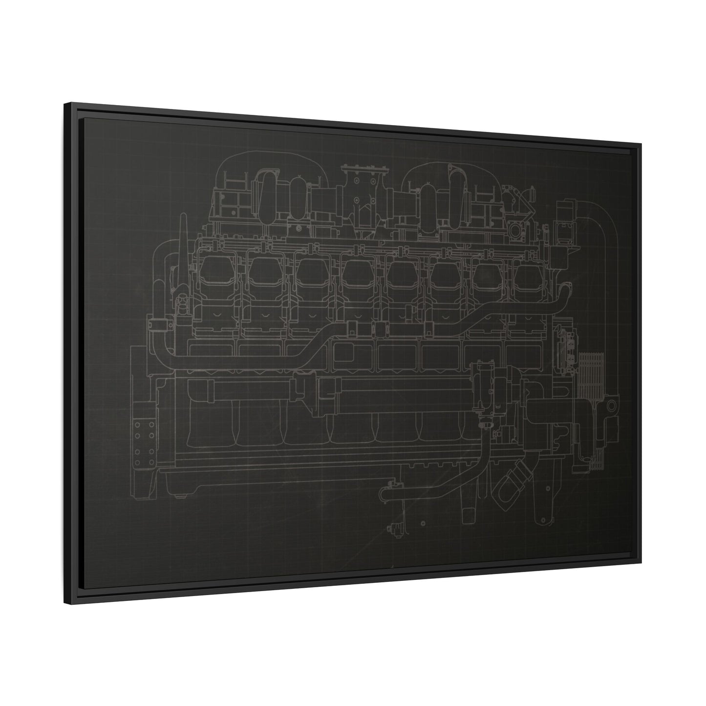 Engine Side View Schematic Drawing Framed Wall Art on Matte Canvas