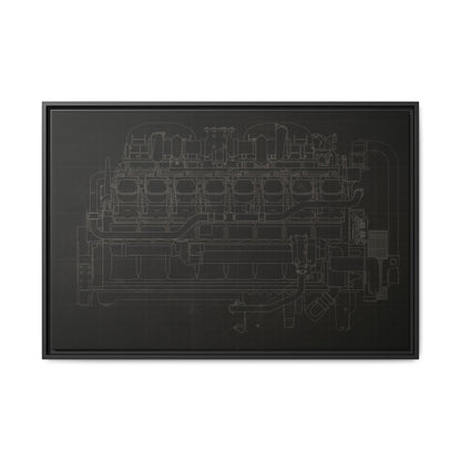 Engine Side View Schematic Drawing Framed Wall Art on Matte Canvas