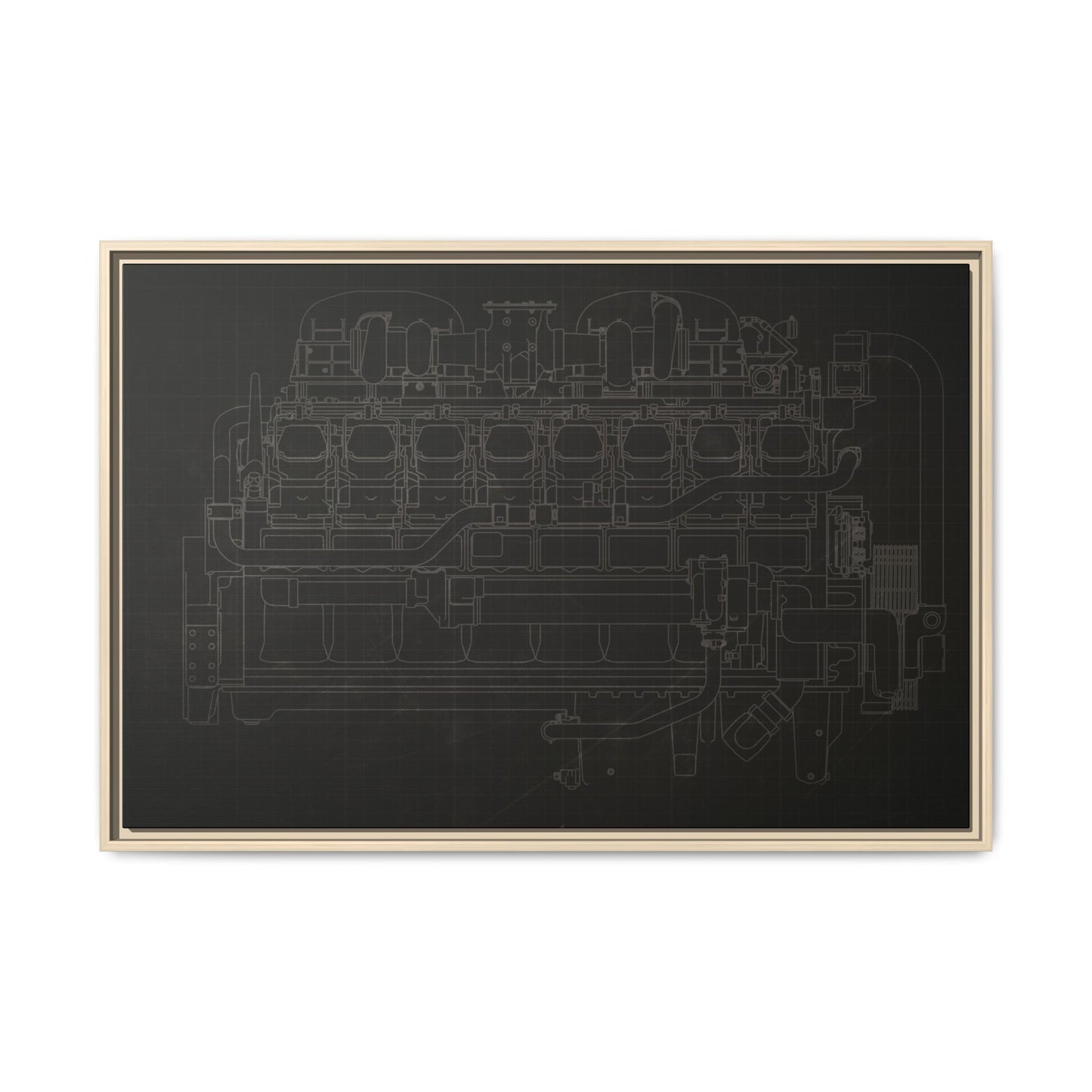 Engine Side View Schematic Drawing Framed Wall Art on Matte Canvas