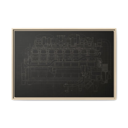 Engine Side View Schematic Drawing Framed Wall Art on Matte Canvas