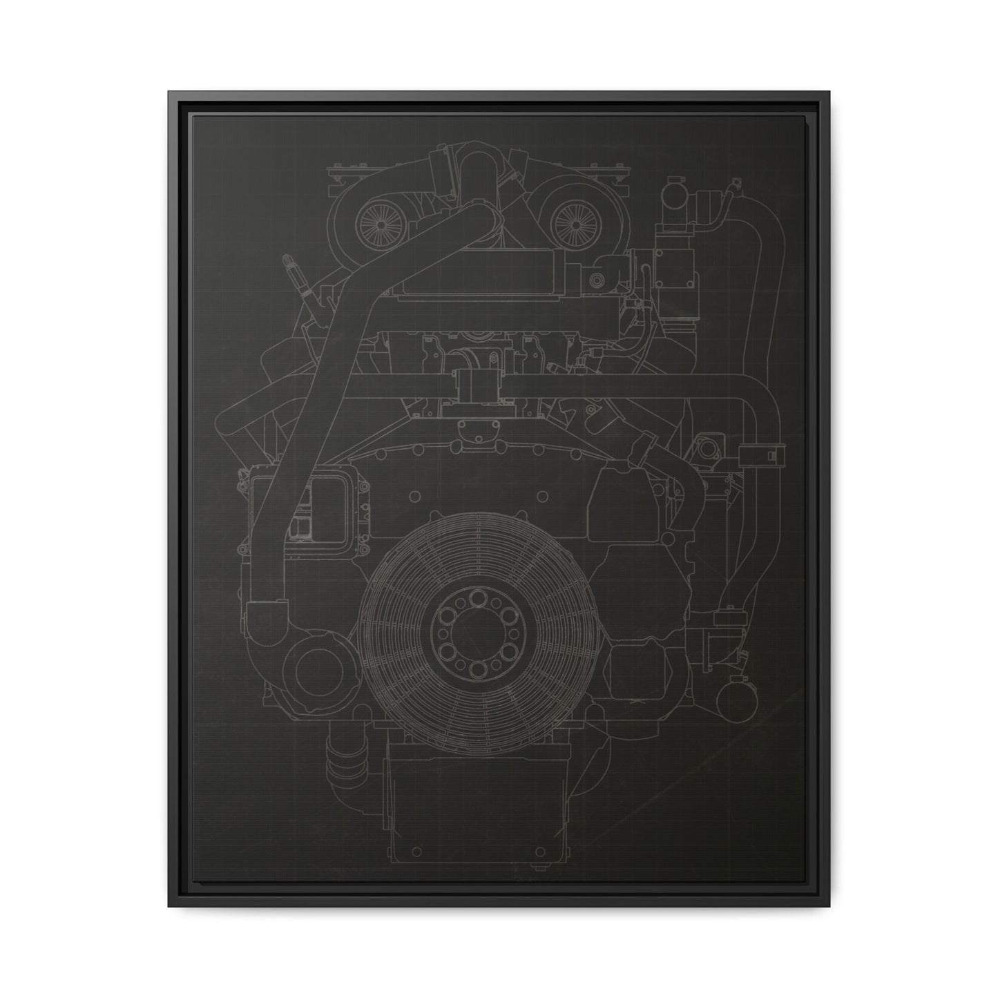 Machine Schematic Engine Drawing Front View Framed Wall Art on Stretched Canvas