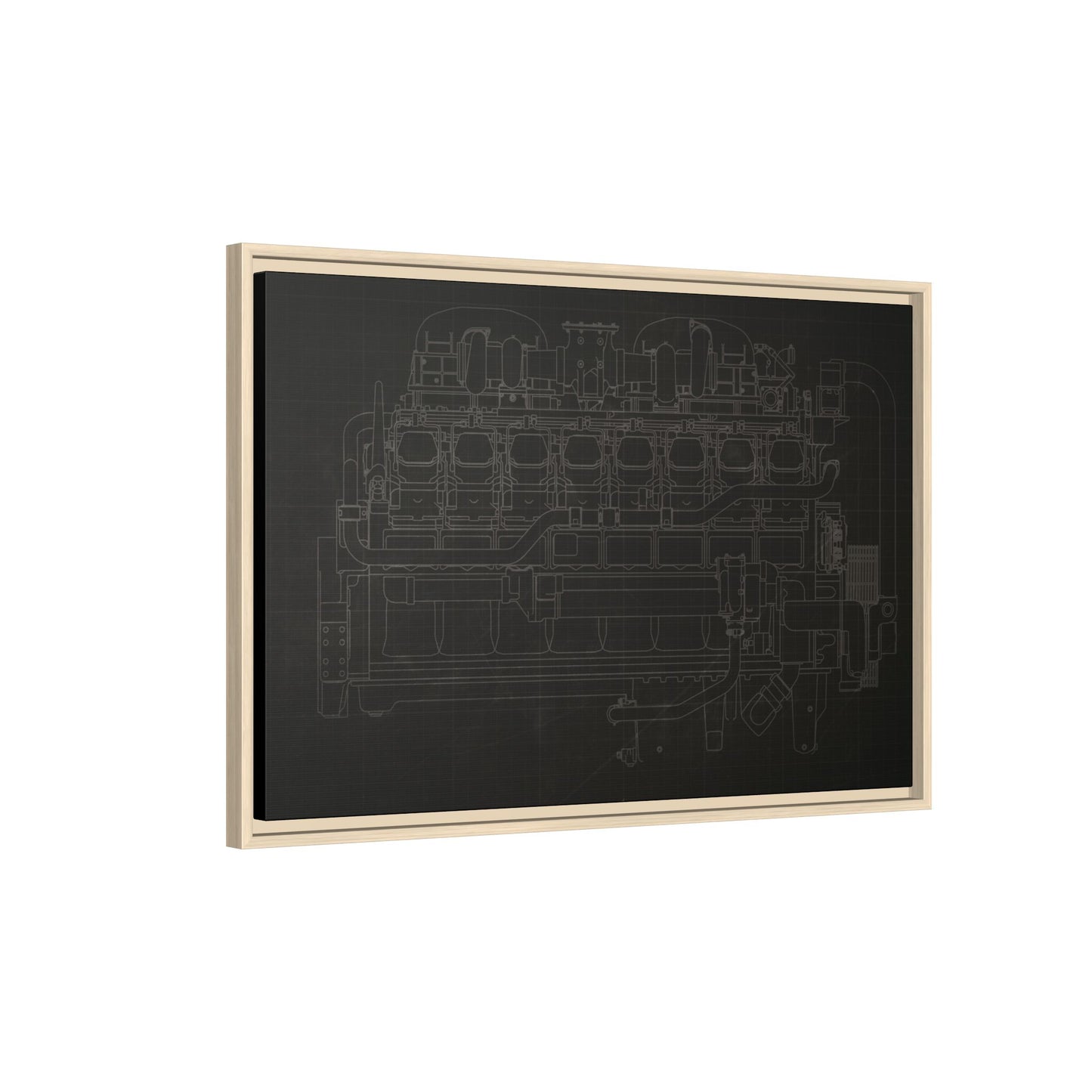 Engine Side View Schematic Drawing Framed Wall Art on Matte Canvas