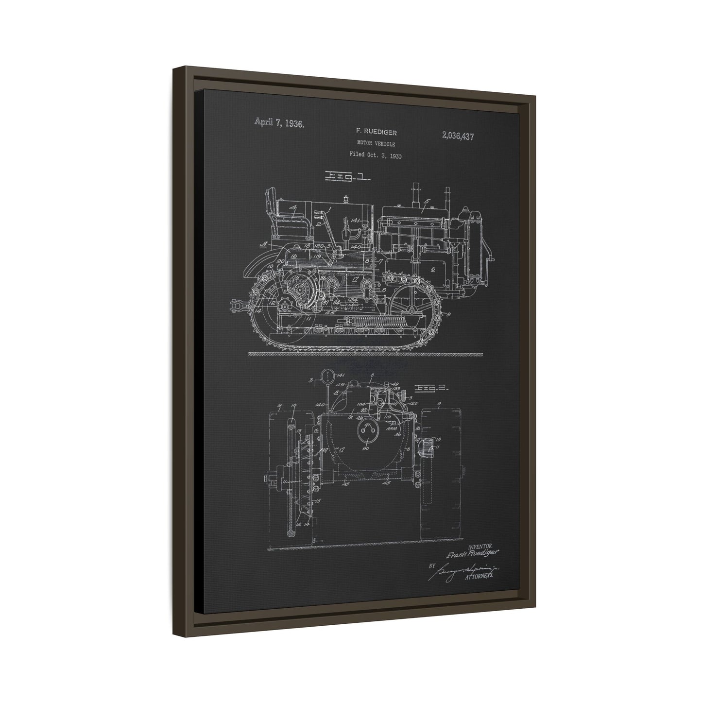 Vintage Dozer Rudiger Patent Drawing, Framed Wall Art on Canvas
