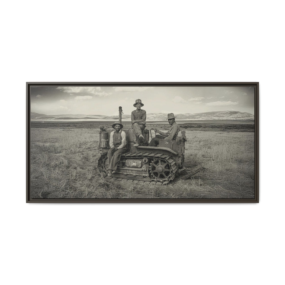 Three Men and a Tractor | Vintage Crawler in Field | Framed Wall Art on Canvas