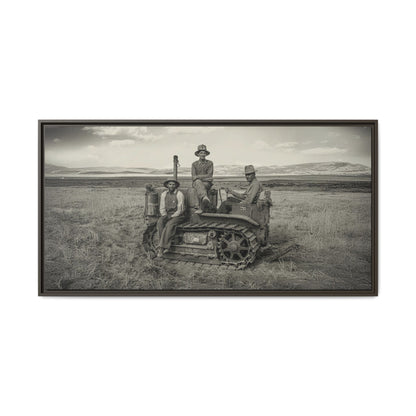 Three Men and a Tractor | Vintage Crawler in Field | Framed Wall Art on Canvas