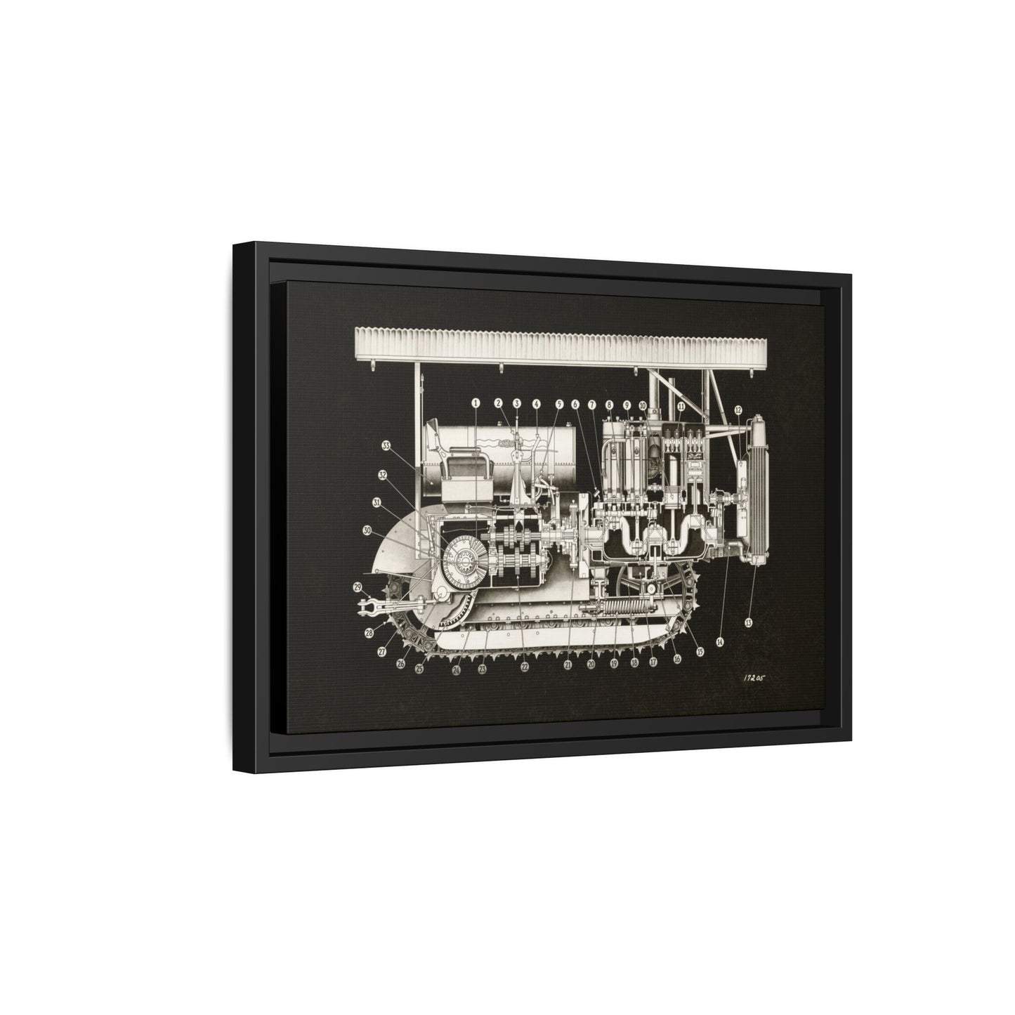 Vintage Engine Crawler Cutaway Engineering Drawing on Matte Canvas Framed | Industrial Wall Art