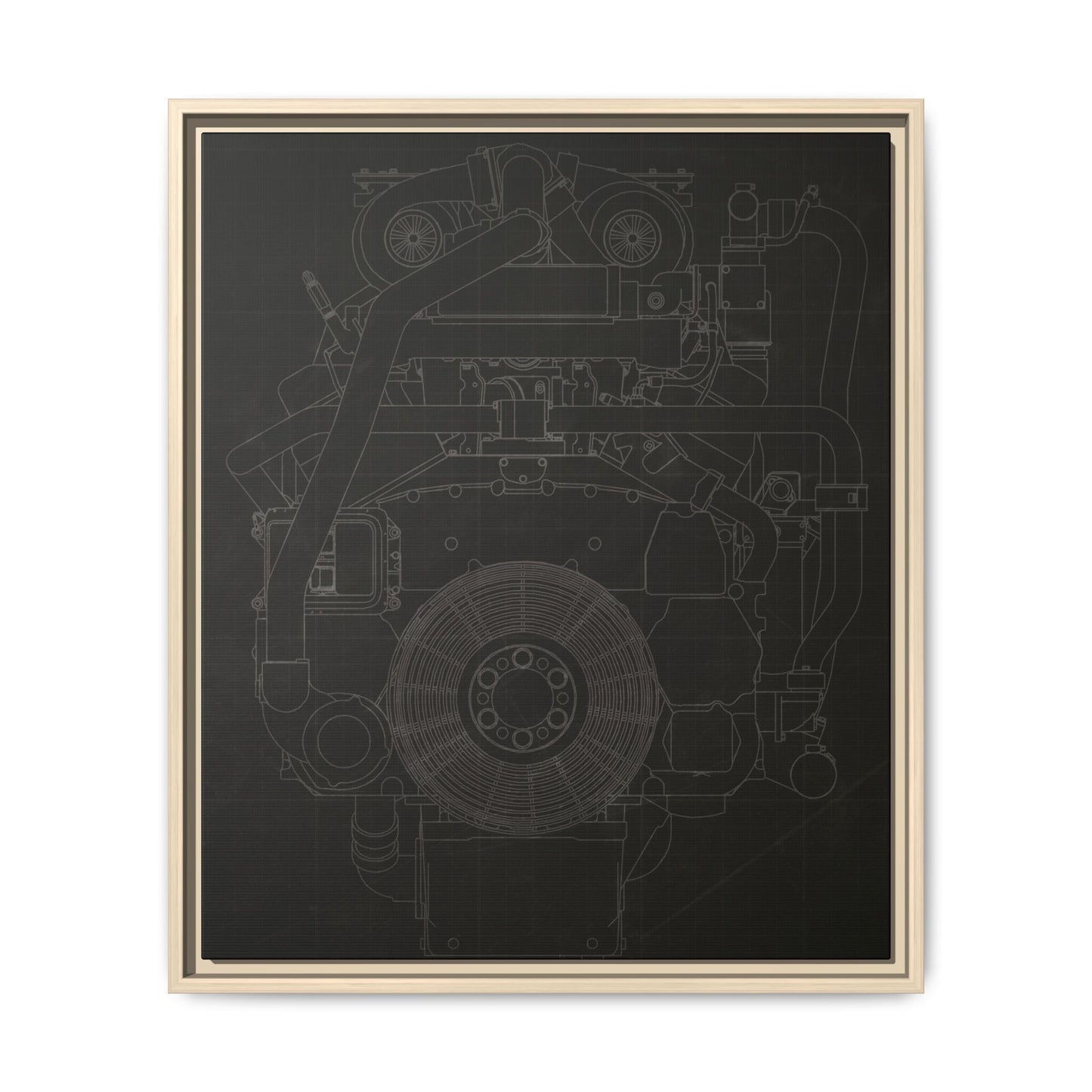 Machine Schematic Engine Drawing Front View Framed Wall Art on Stretched Canvas