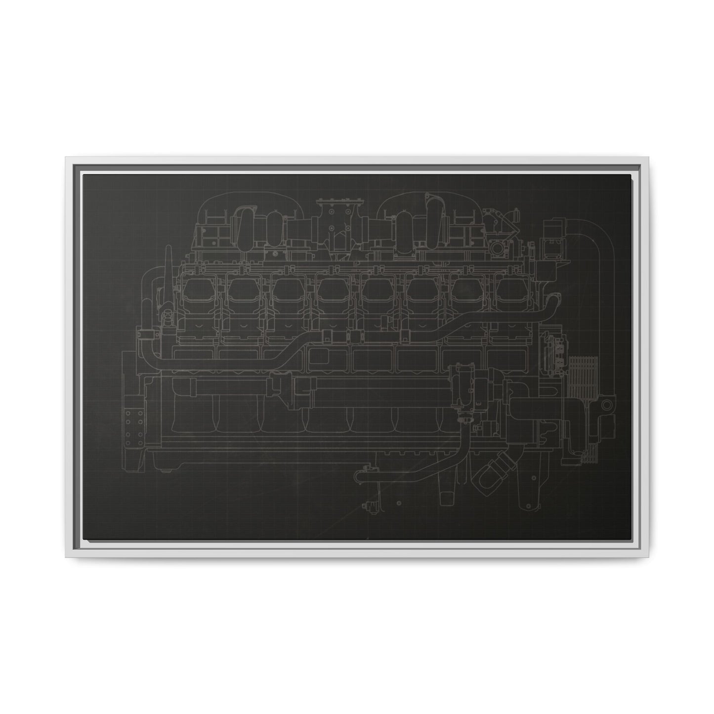Engine Side View Schematic Drawing Framed Wall Art on Matte Canvas