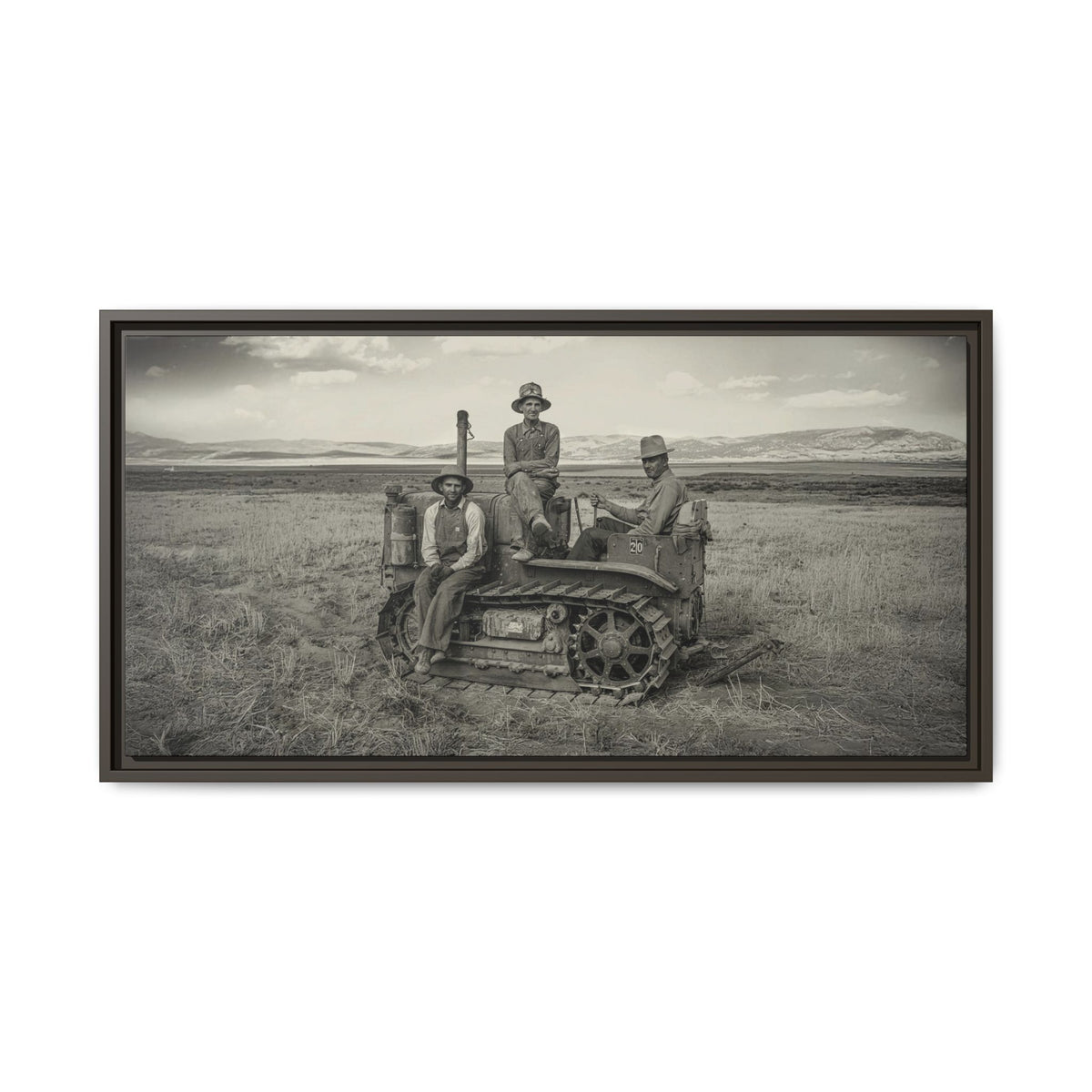 Three Men and a Tractor | Vintage Crawler in Field | Framed Wall Art on Canvas