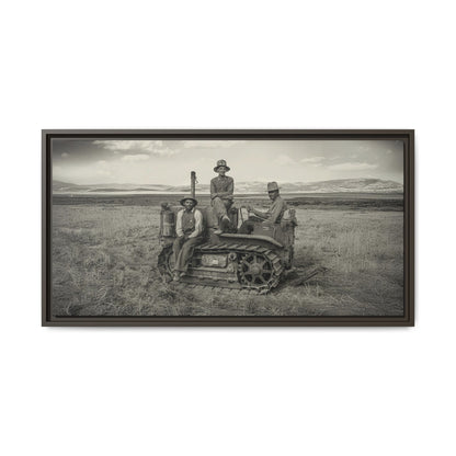Three Men and a Tractor | Vintage Crawler in Field | Framed Wall Art on Canvas