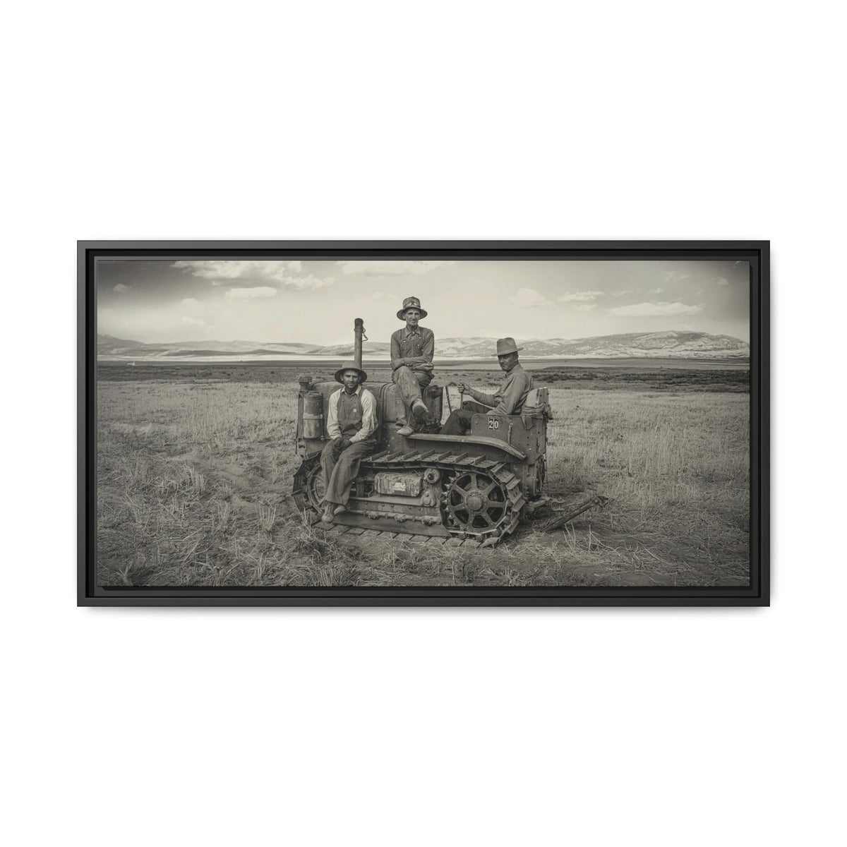 Three Men and a Tractor | Vintage Crawler in Field | Framed Wall Art on Canvas