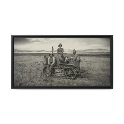 Three Men and a Tractor | Vintage Crawler in Field | Framed Wall Art on Canvas