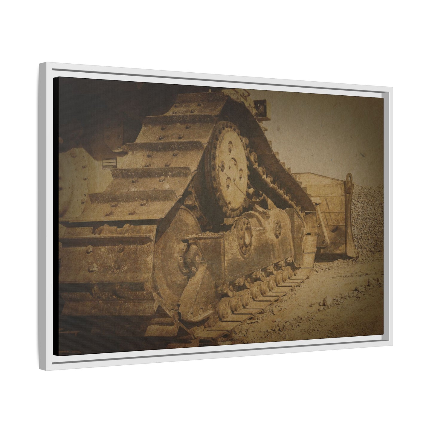 Dozer Tracks Pushing Stone | Framed Wall Art on Stretched Canvas