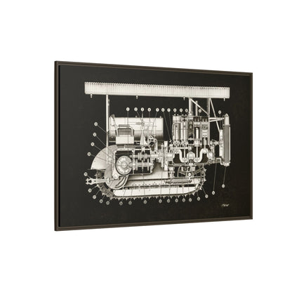 Vintage Engine Crawler Cutaway Engineering Drawing on Matte Canvas Framed | Industrial Wall Art