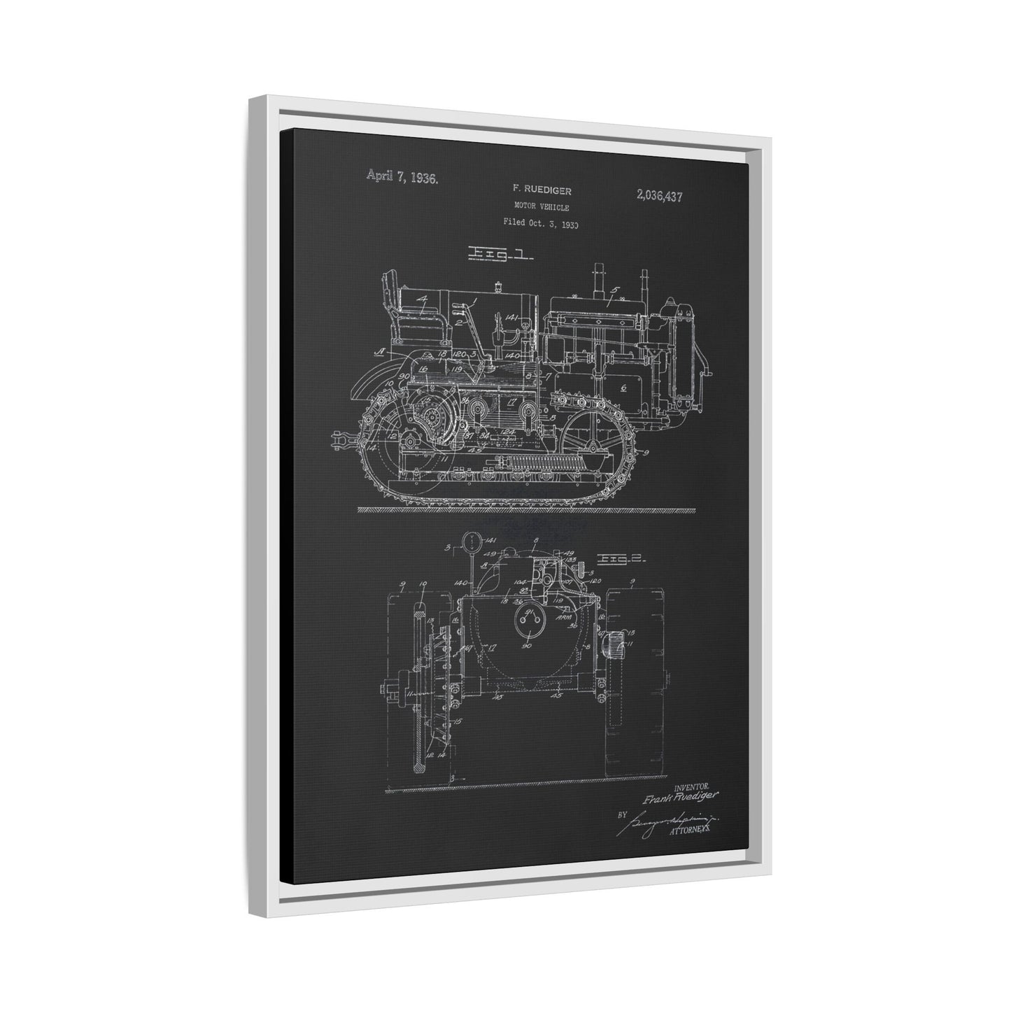 Vintage Dozer Rudiger Patent Drawing, Framed Wall Art on Canvas