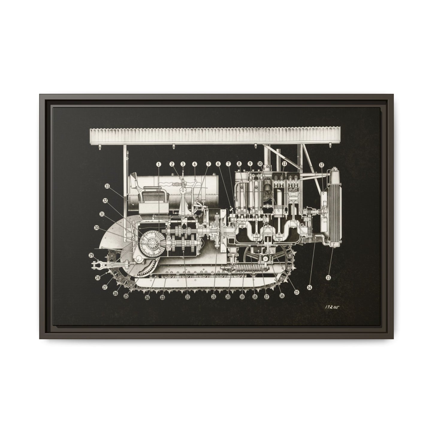 Vintage Engine Crawler Cutaway Engineering Drawing on Matte Canvas Framed | Industrial Wall Art