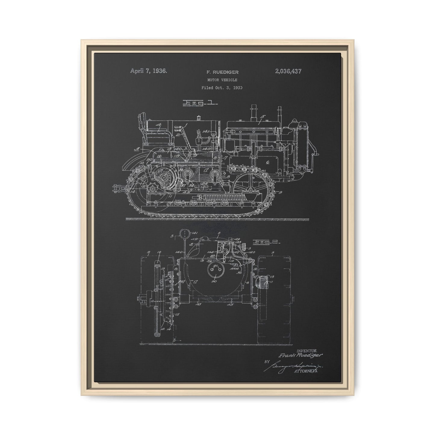 Vintage Dozer Rudiger Patent Drawing, Framed Wall Art on Canvas