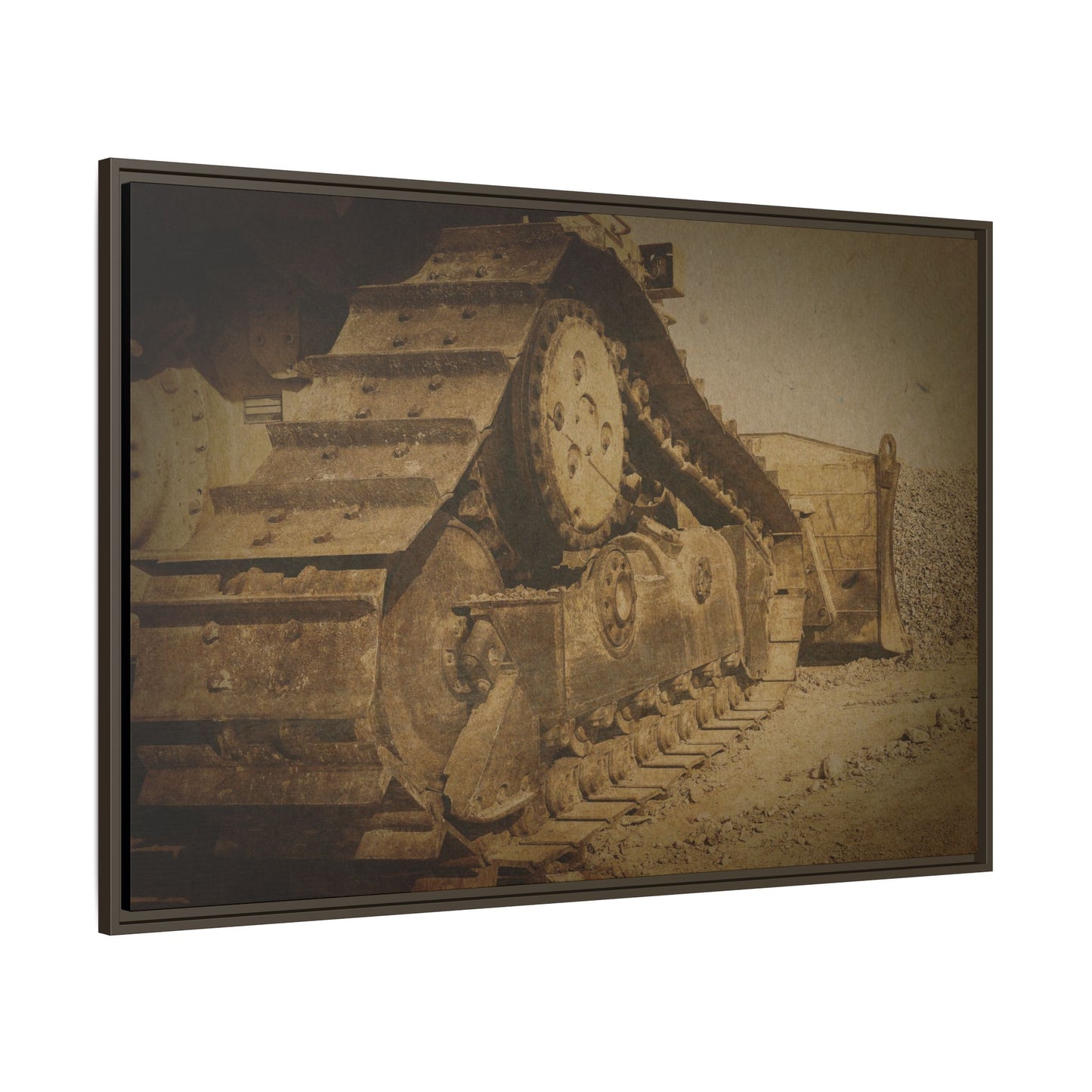 Dozer Tracks Pushing Stone | Framed Wall Art on Stretched Canvas