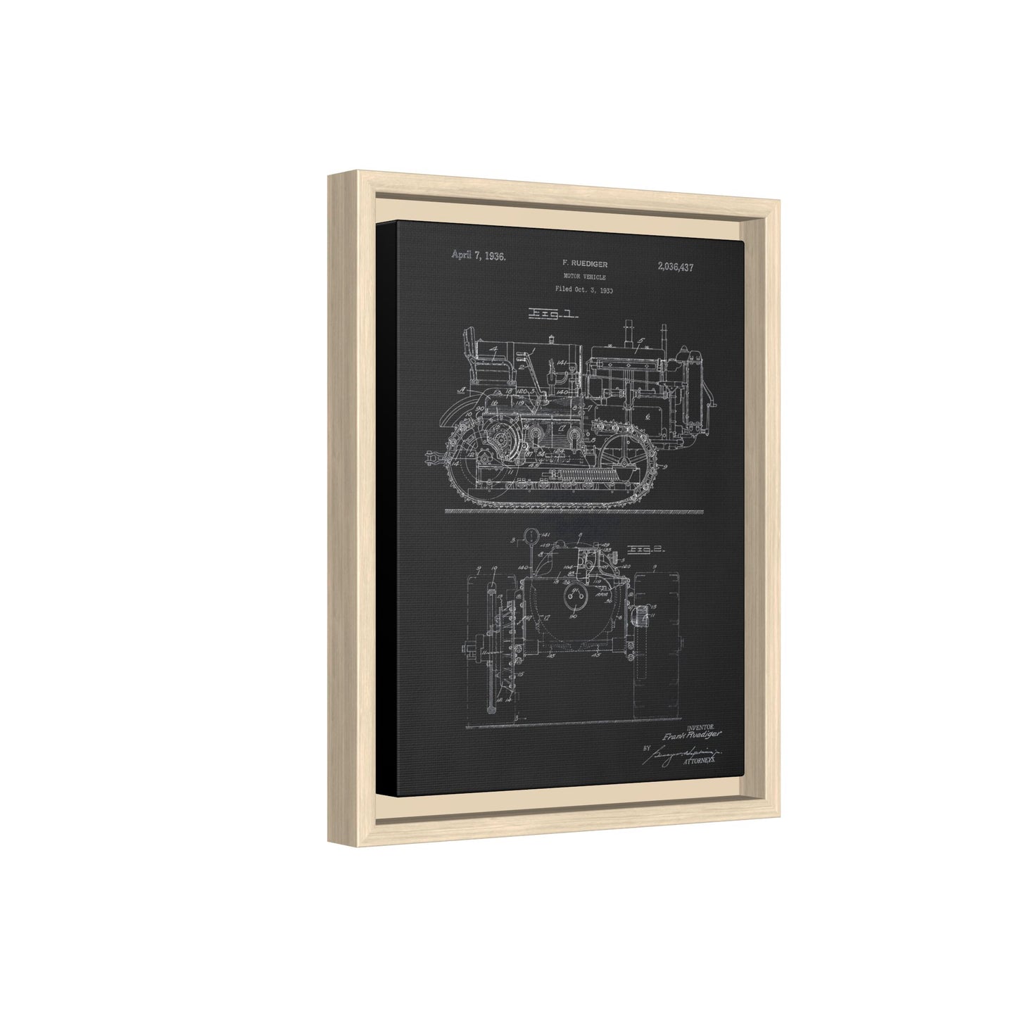 Vintage Dozer Rudiger Patent Drawing, Framed Wall Art on Canvas