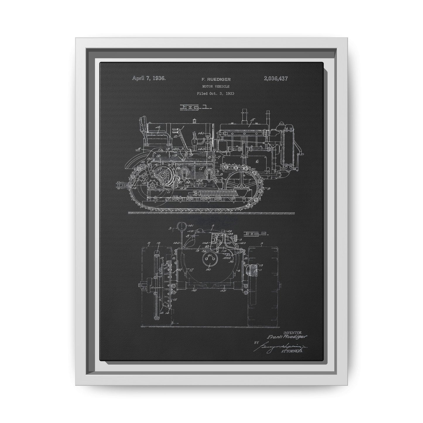 Vintage Dozer Rudiger Patent Drawing, Framed Wall Art on Canvas