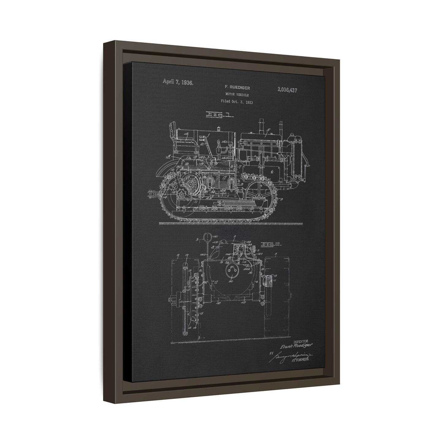 Vintage Dozer Rudiger Patent Drawing, Framed Wall Art on Canvas