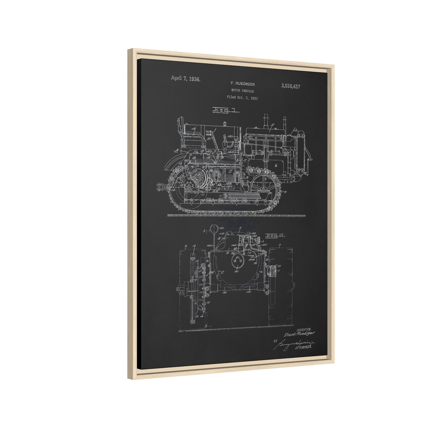 Vintage Dozer Rudiger Patent Drawing, Framed Wall Art on Canvas