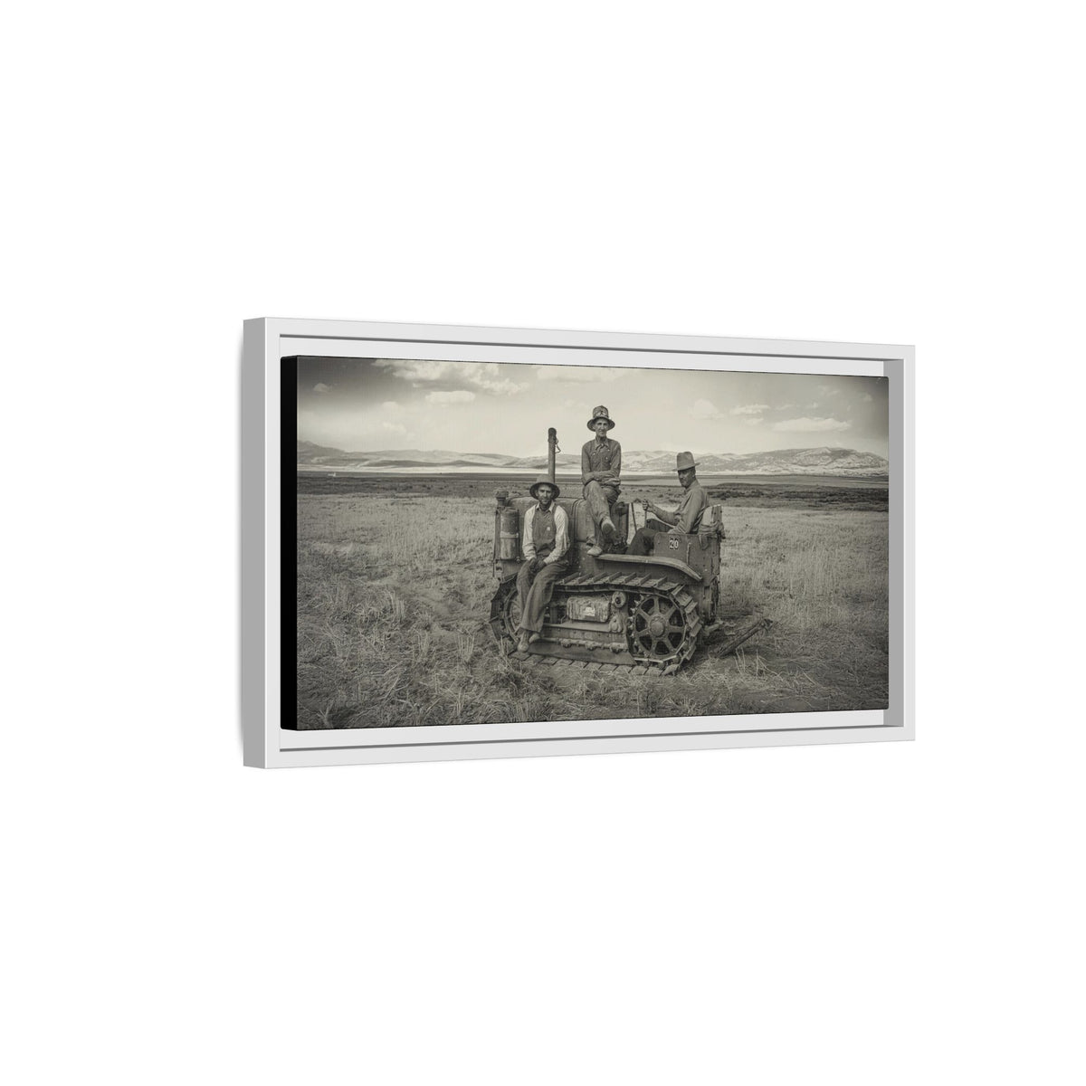Three Men and a Tractor | Vintage Crawler in Field | Framed Wall Art on Canvas