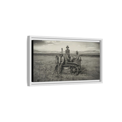 Three Men and a Tractor | Vintage Crawler in Field | Framed Wall Art on Canvas
