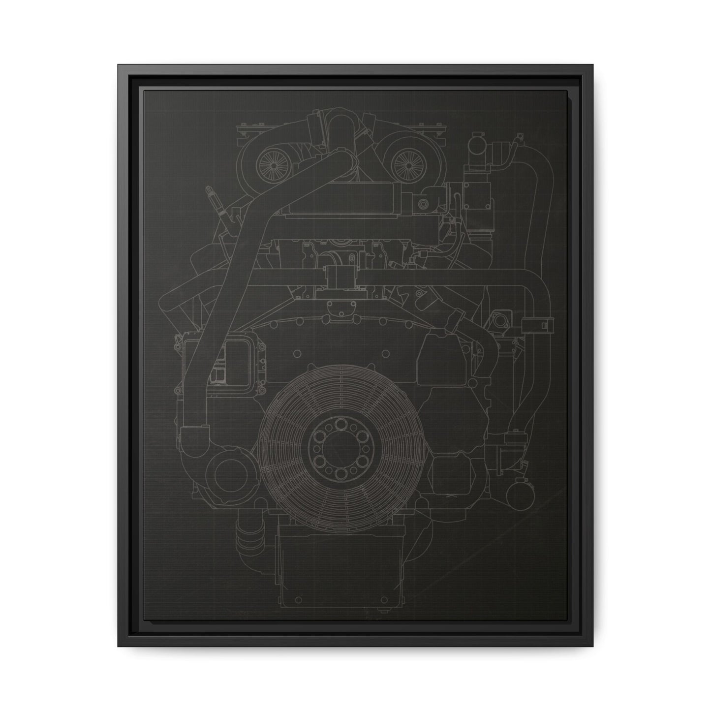 Machine Schematic Engine Drawing Front View Framed Wall Art on Stretched Canvas