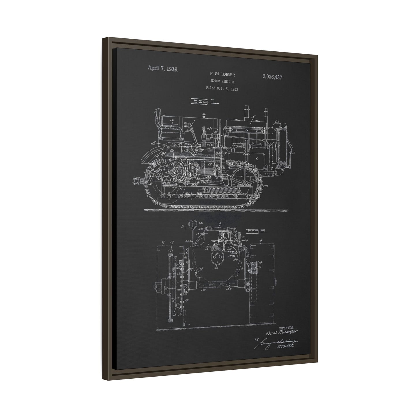 Vintage Dozer Rudiger Patent Drawing, Framed Wall Art on Canvas