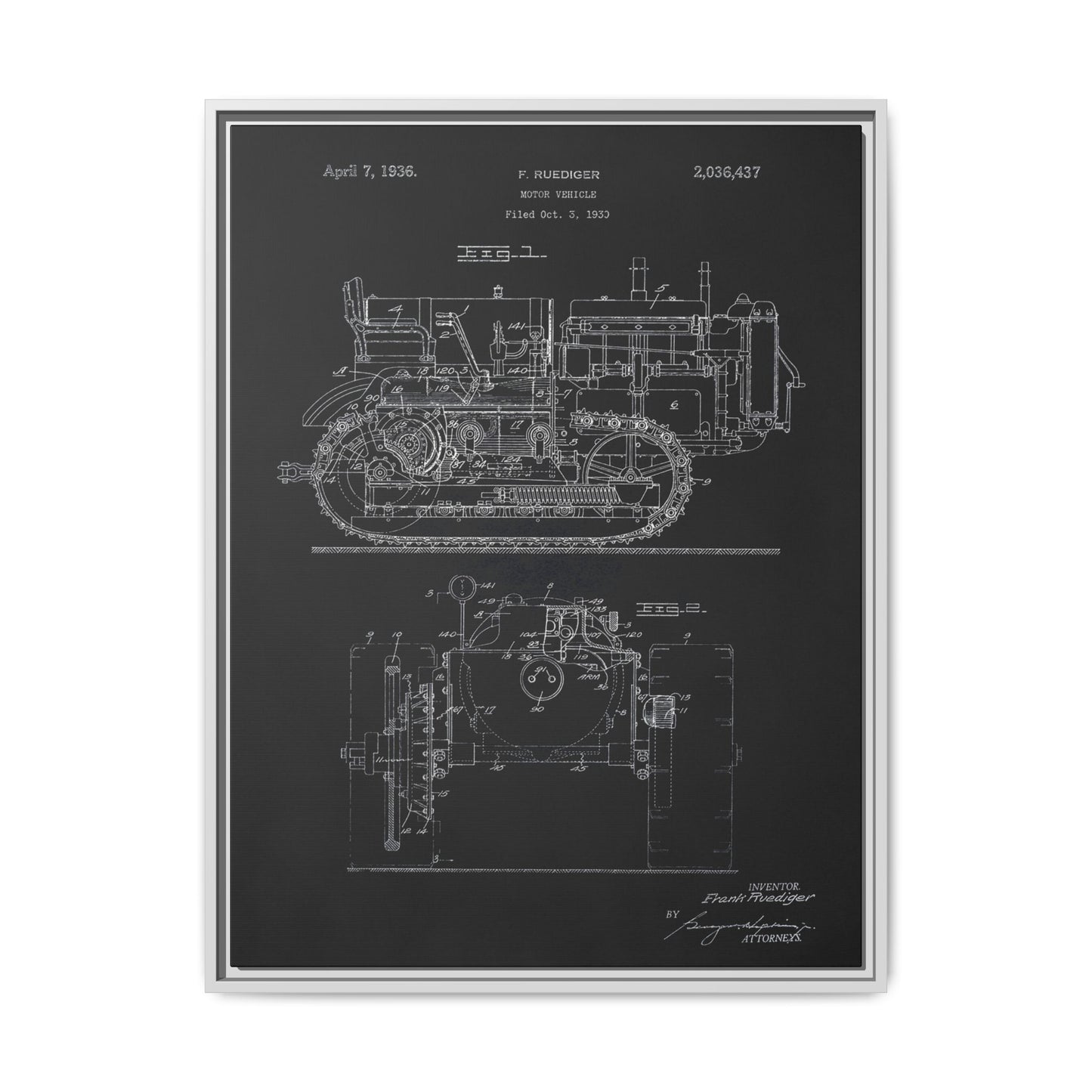 Vintage Dozer Rudiger Patent Drawing, Framed Wall Art on Canvas