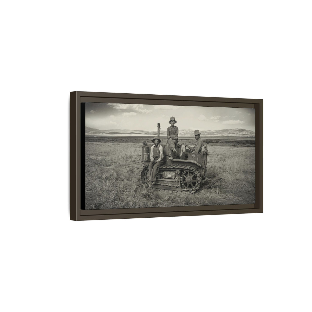 Three Men and a Tractor | Vintage Crawler in Field | Framed Wall Art on Canvas