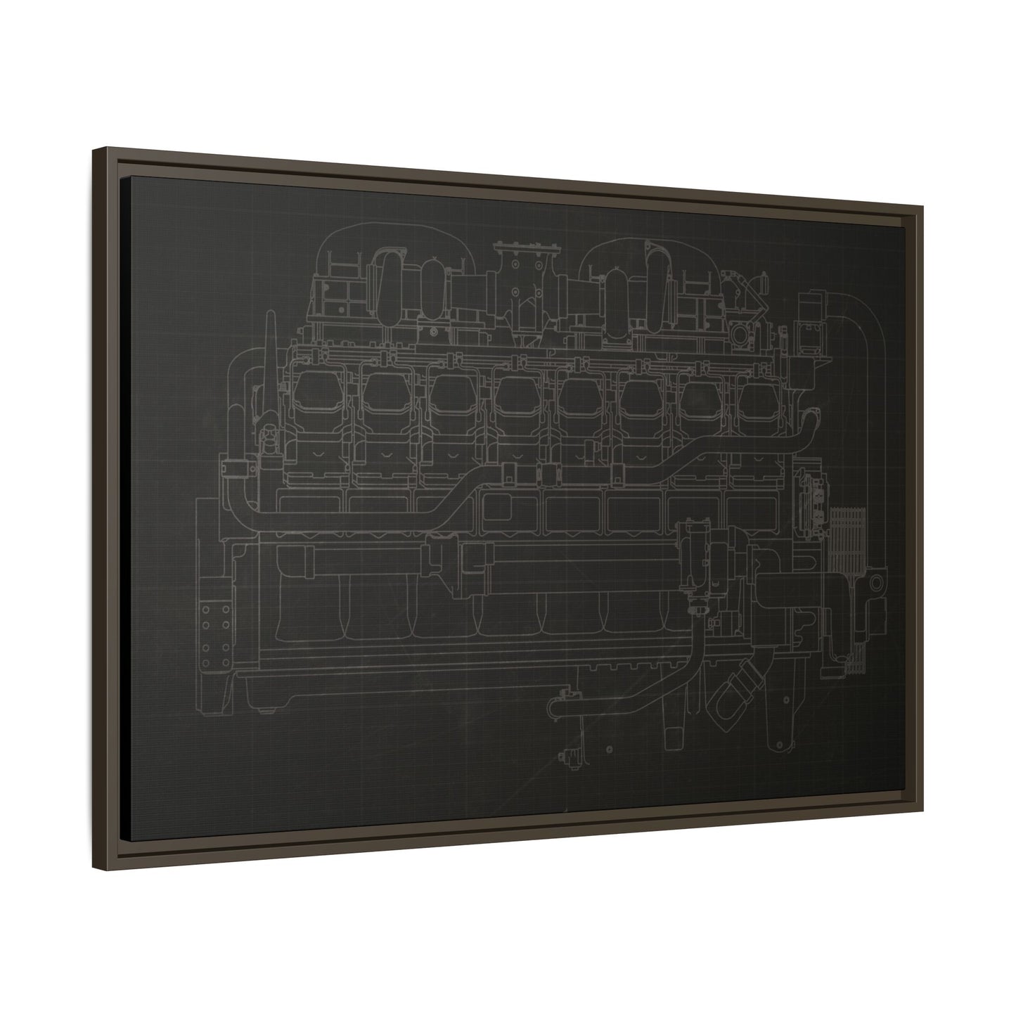 Engine Side View Schematic Drawing Framed Wall Art on Matte Canvas