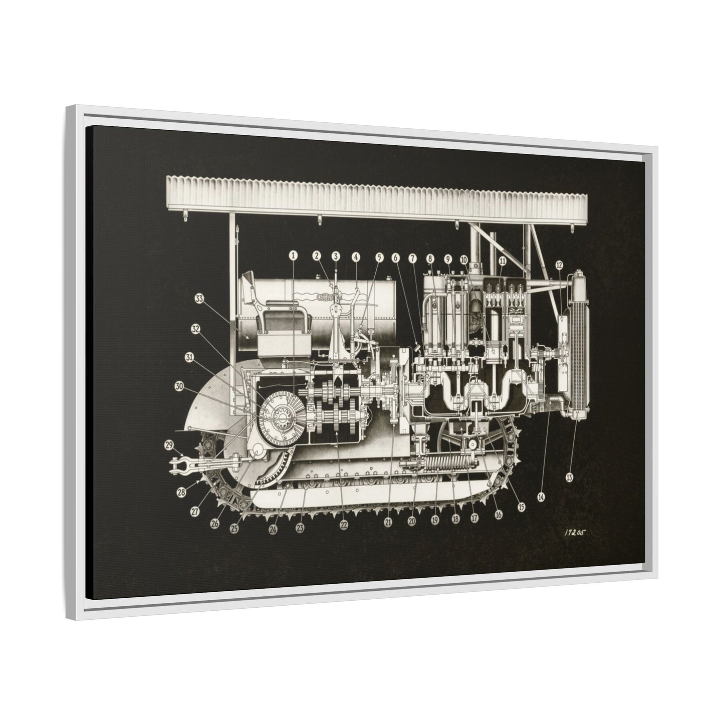 Vintage Engine Crawler Cutaway Engineering Drawing on Matte Canvas Framed | Industrial Wall Art