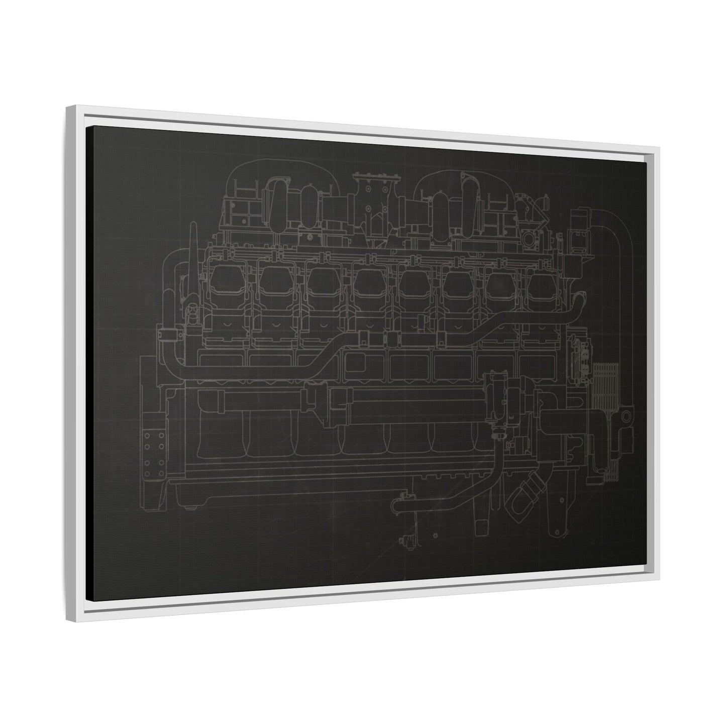 Engine Side View Schematic Drawing Framed Wall Art on Matte Canvas