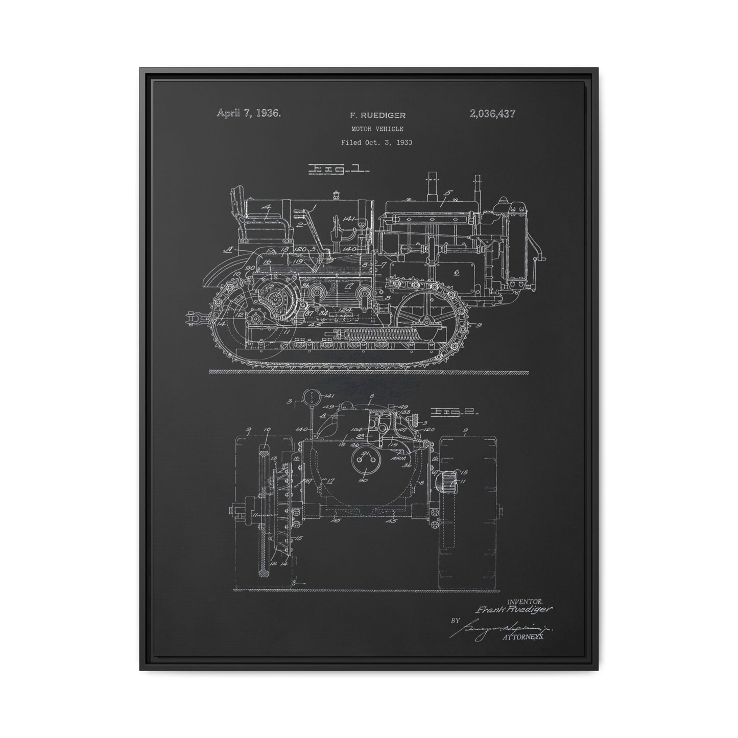 Vintage Dozer Rudiger Patent Drawing, Framed Wall Art on Canvas