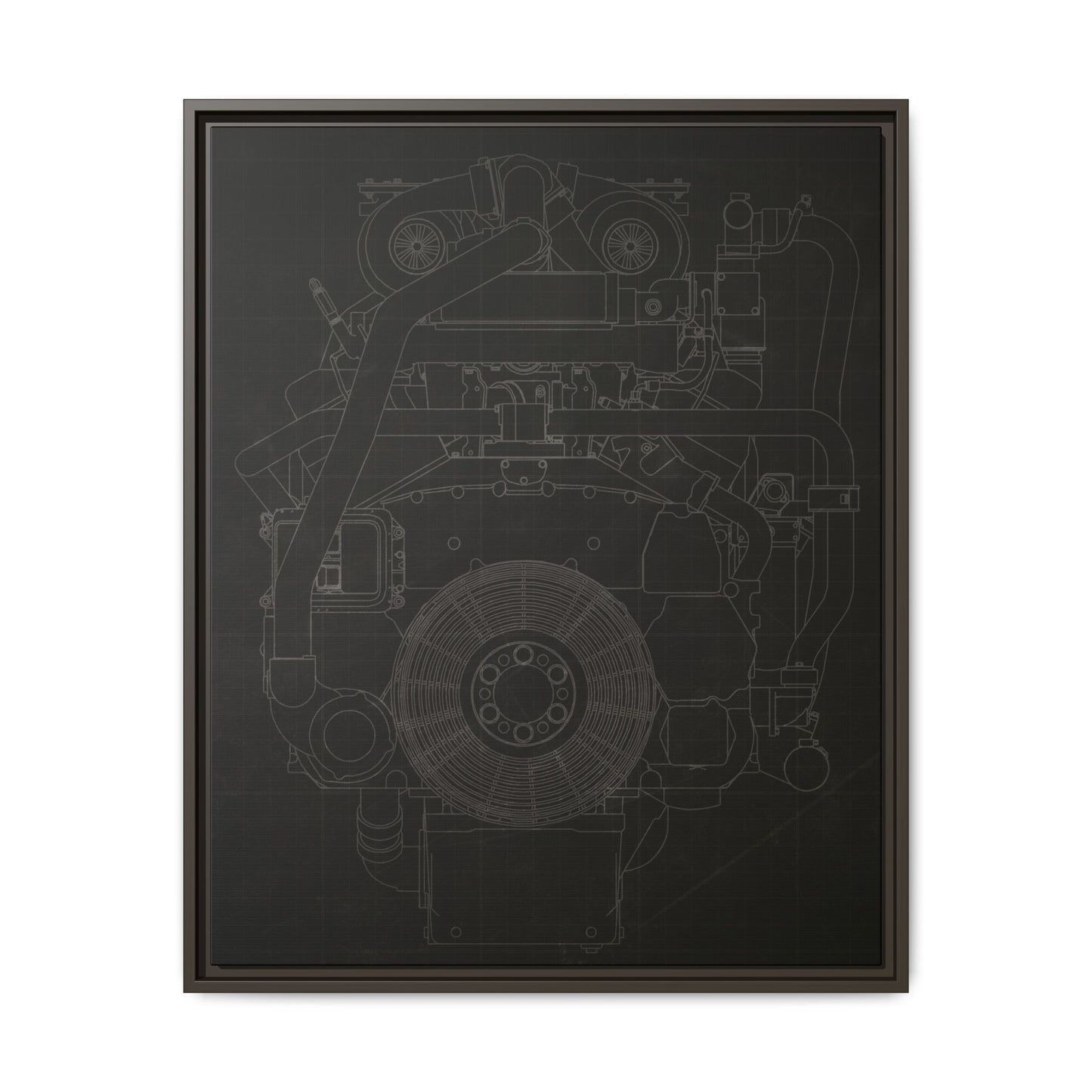 Machine Schematic Engine Drawing Front View Framed Wall Art on Stretched Canvas
