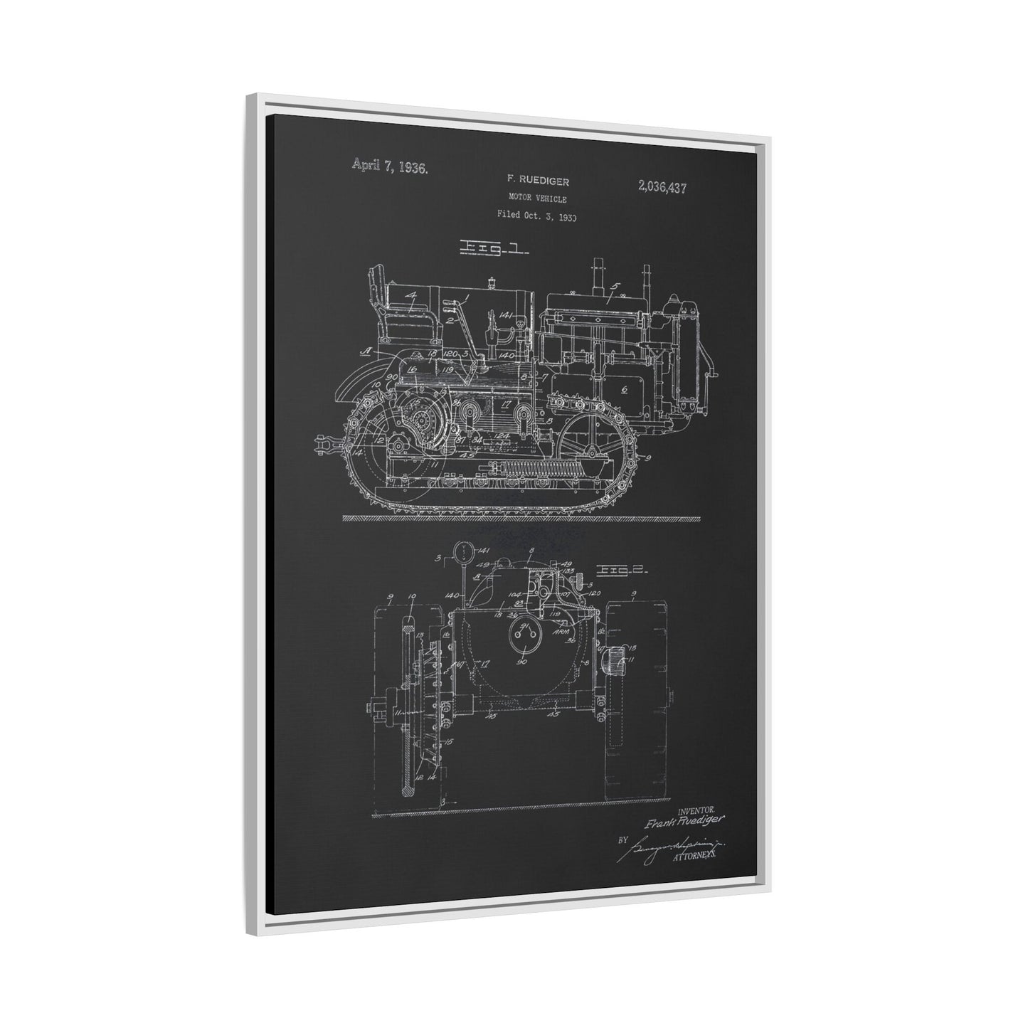 Vintage Dozer Rudiger Patent Drawing, Framed Wall Art on Canvas