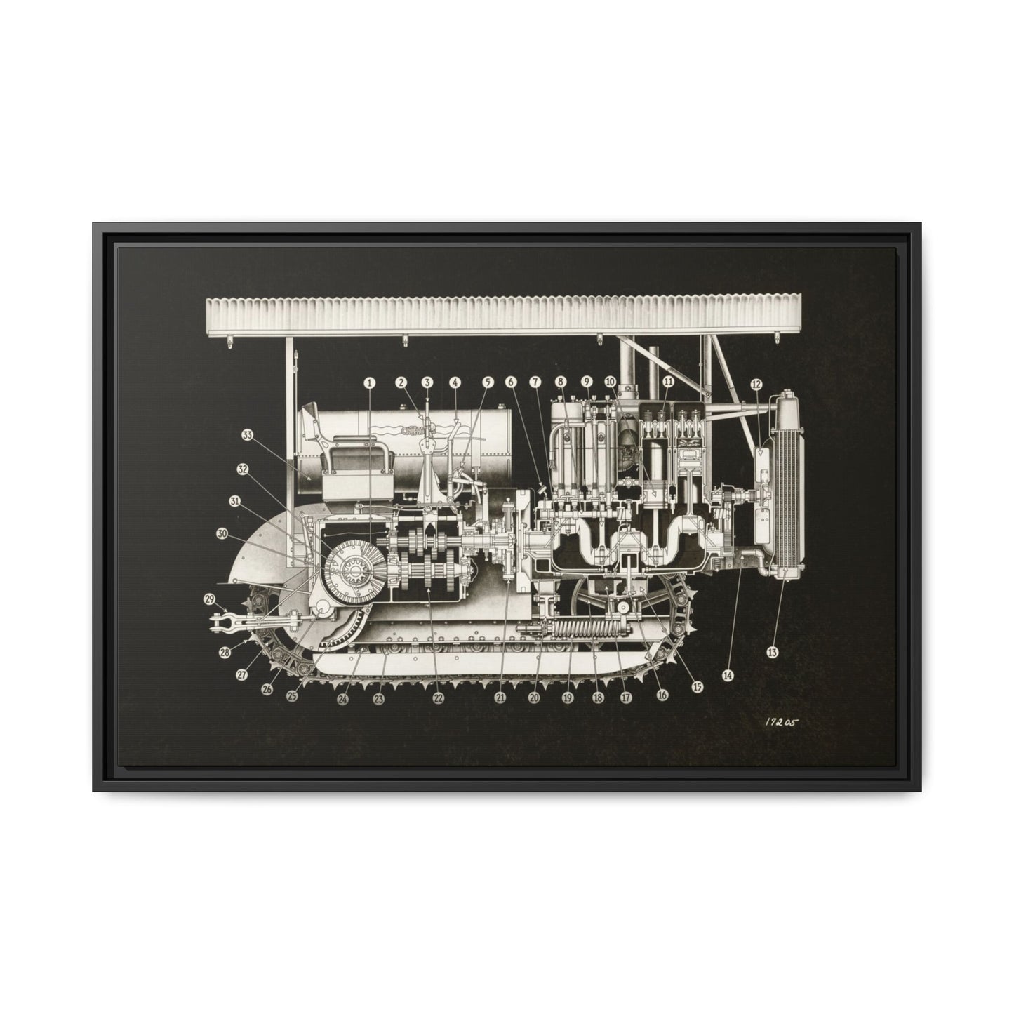 Vintage Engine Crawler Cutaway Engineering Drawing on Matte Canvas Framed | Industrial Wall Art