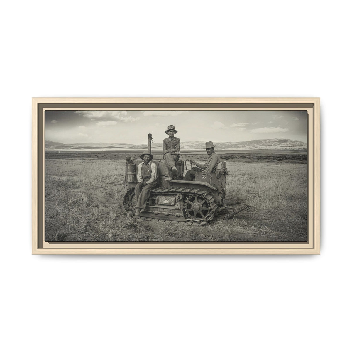 Three Men and a Tractor | Vintage Crawler in Field | Framed Wall Art on Canvas