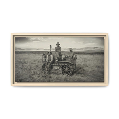 Three Men and a Tractor | Vintage Crawler in Field | Framed Wall Art on Canvas