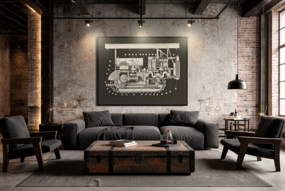Vintage Engine Crawler Cutaway Engineering Drawing on Matte Canvas Framed | Industrial Wall Art
