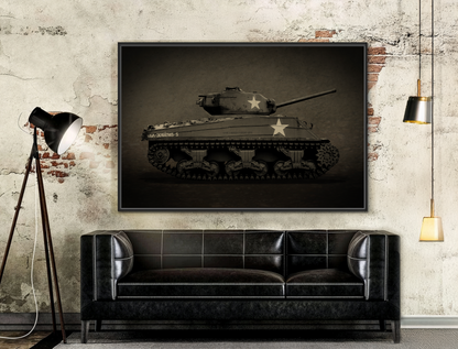 Vintage WWII  Sherman Tank, Double Star, Photo Wall Art on Framed Canvas