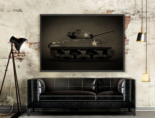Vintage WWII  Sherman Tank, Double Star, Photo Wall Art on Framed Canvas