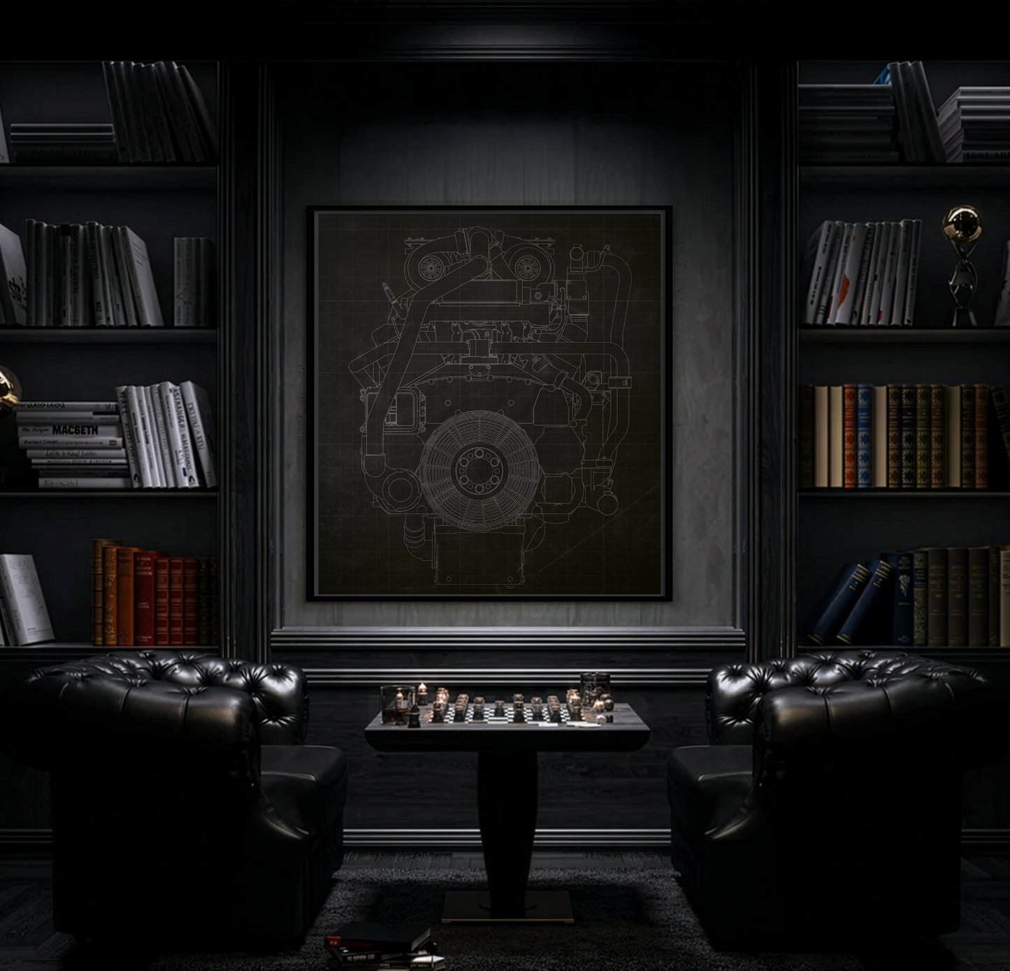 Machine Schematic Engine Drawing Front View Framed Wall Art on Stretched Canvas