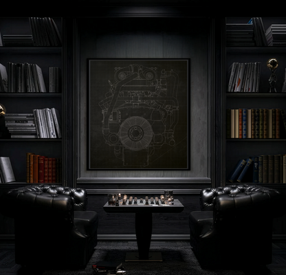 Machine Schematic Engine Drawing Front View Framed Wall Art on Stretched Canvas